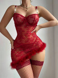 Transparent Lace Burgundy Dress With Fur Detailing & Stockings