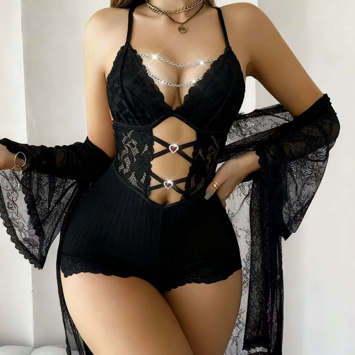 Black Lace Bodysuit With Chain Detailing & Robe
