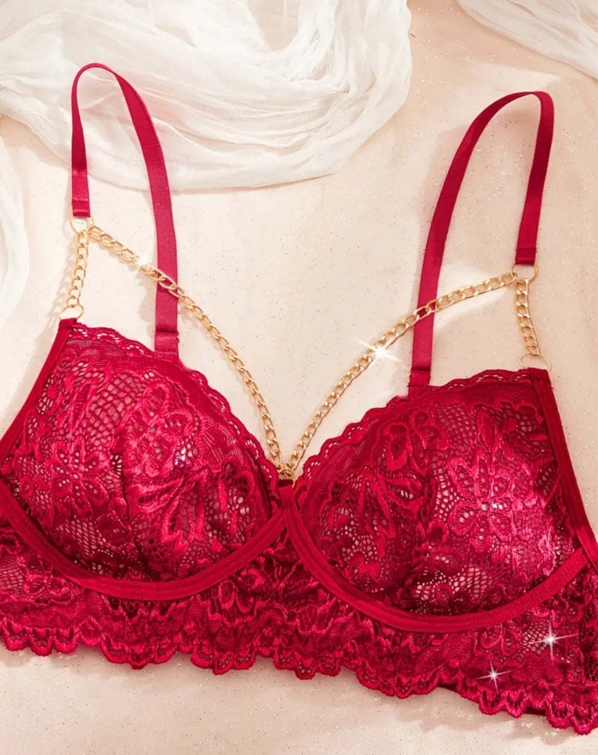 Red Lace Garter Set with Chain Detailing