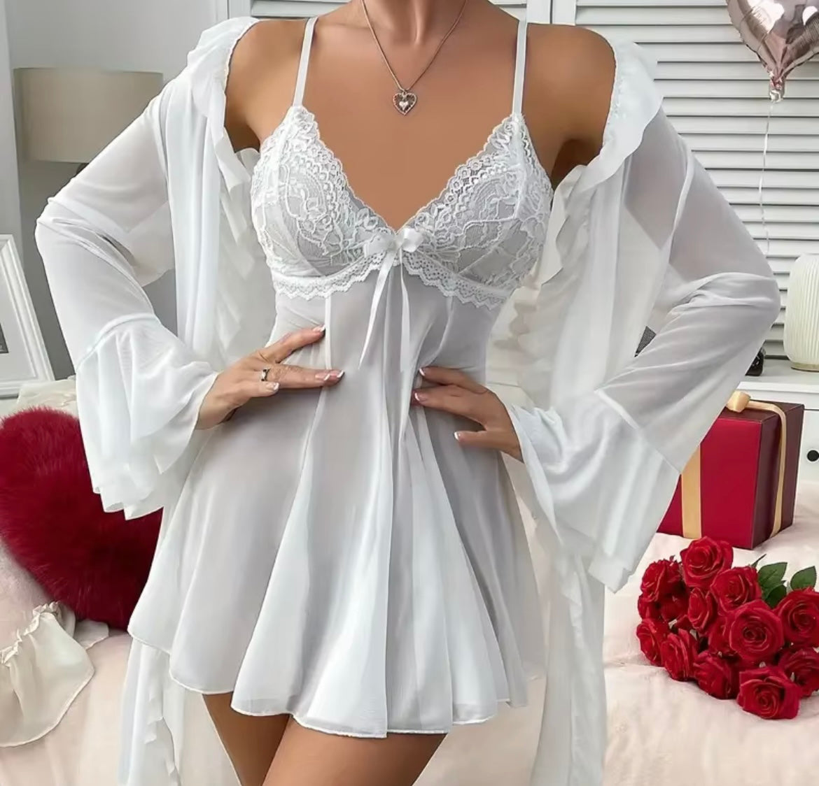 Bridal White Dress, Robe & Thong Set