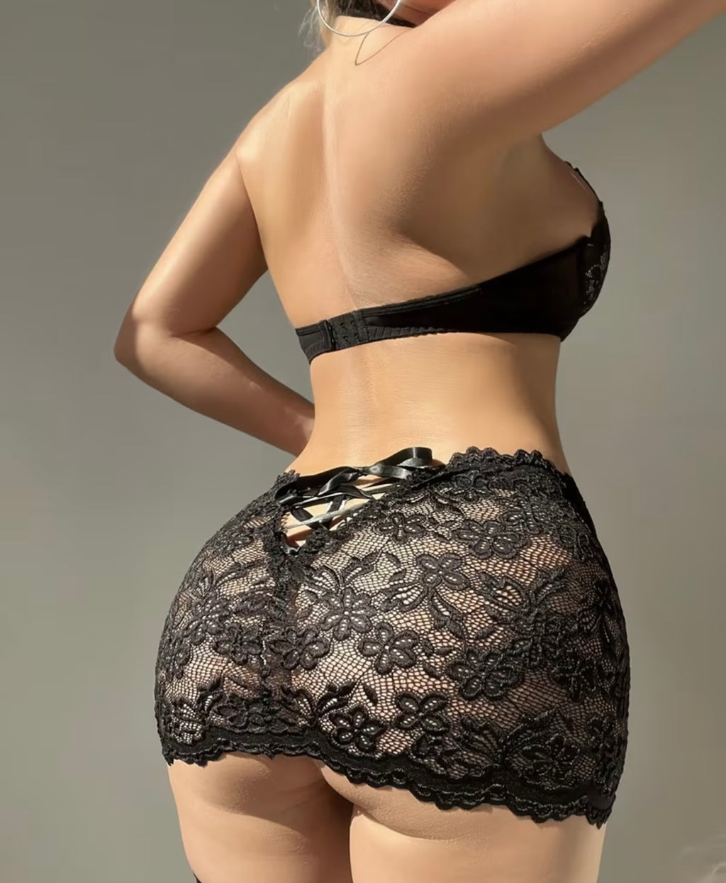 Black Lace High Neck Top & Skirt Set with Thong & Fishnet Leggings
