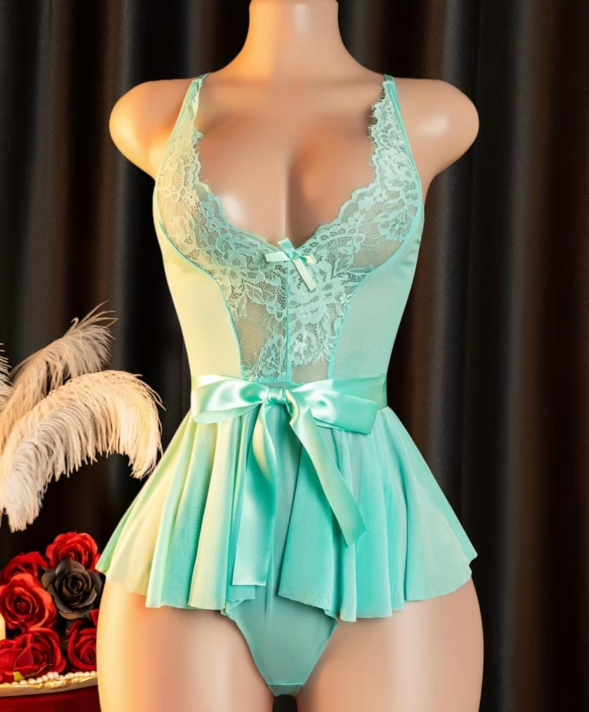 Bow Tie Lace & Mesh Turquoise Bodysuit