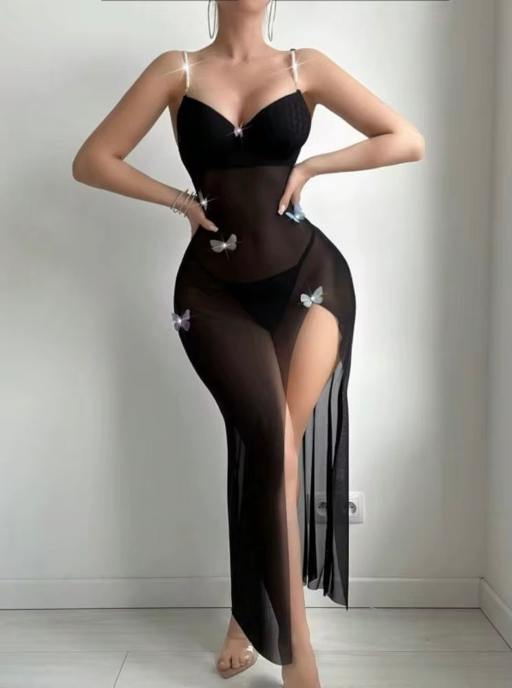Long transparent black butterfly dress