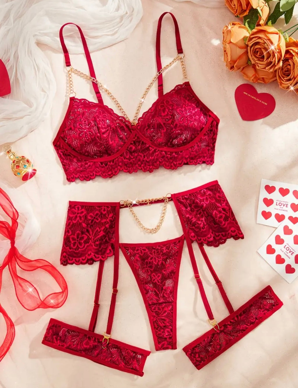 Red Lace Garter Set with Chain Detailing