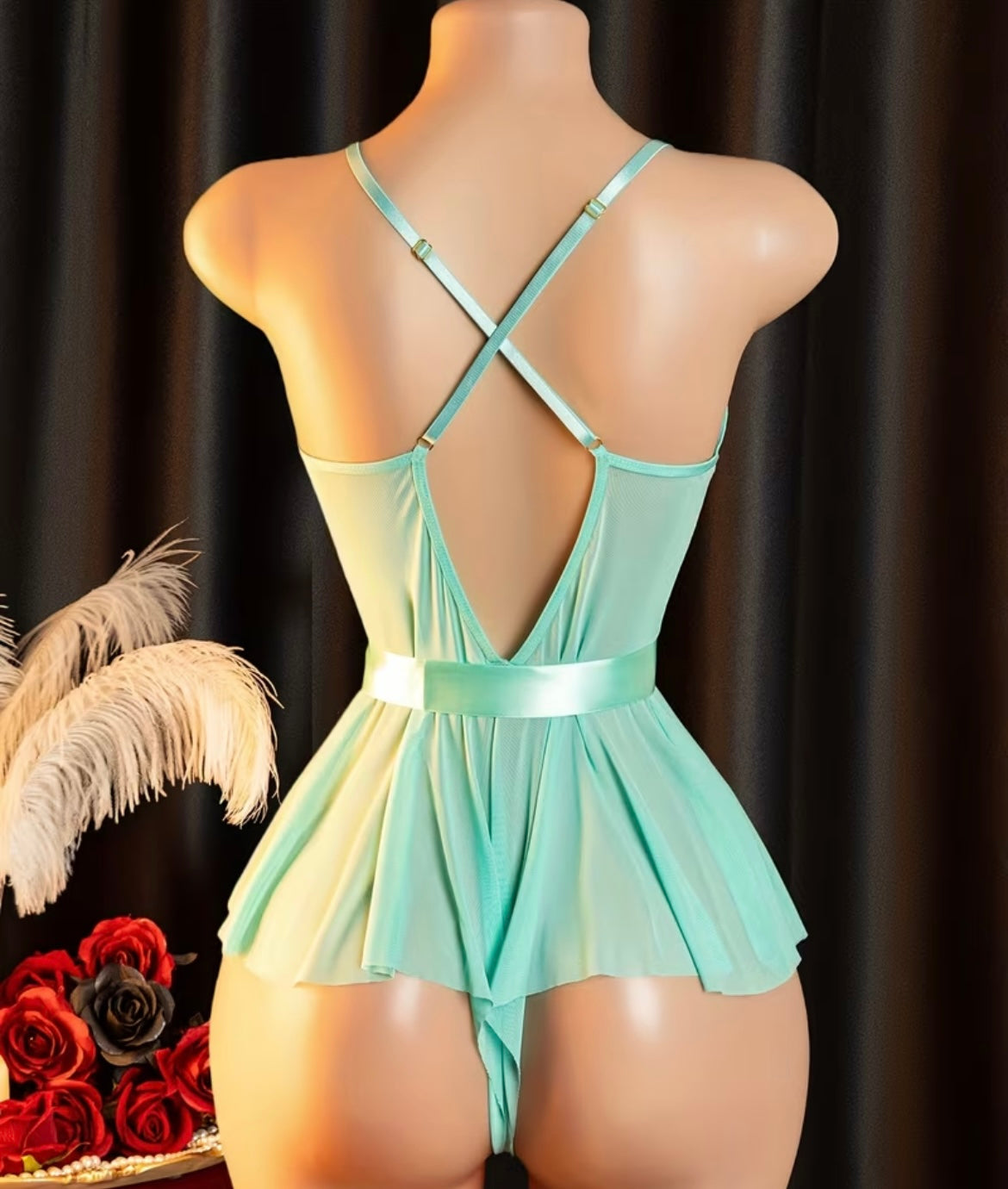 Bow Tie Lace & Mesh Turquoise Bodysuit