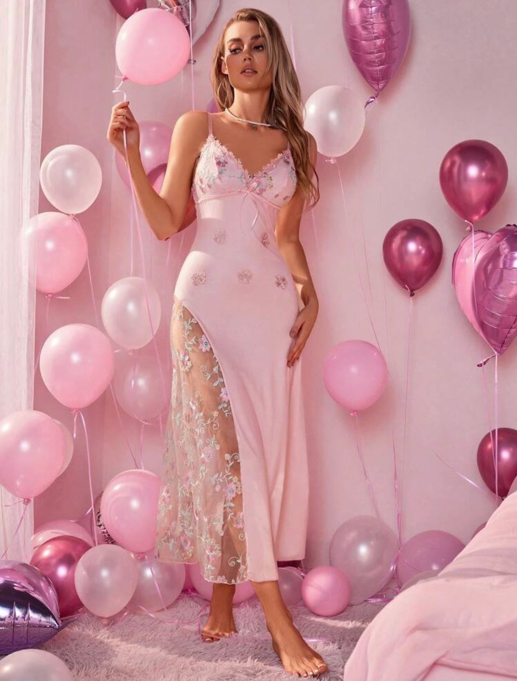 Long Pink Embroidered Dress With 3D Flower Detailing