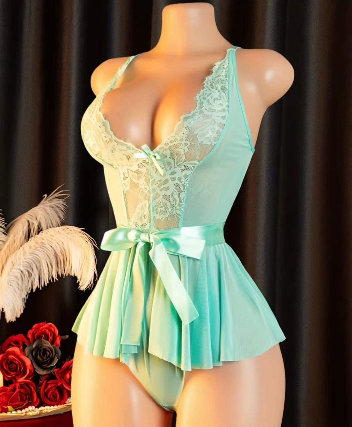 Bow Tie Lace & Mesh Turquoise Bodysuit