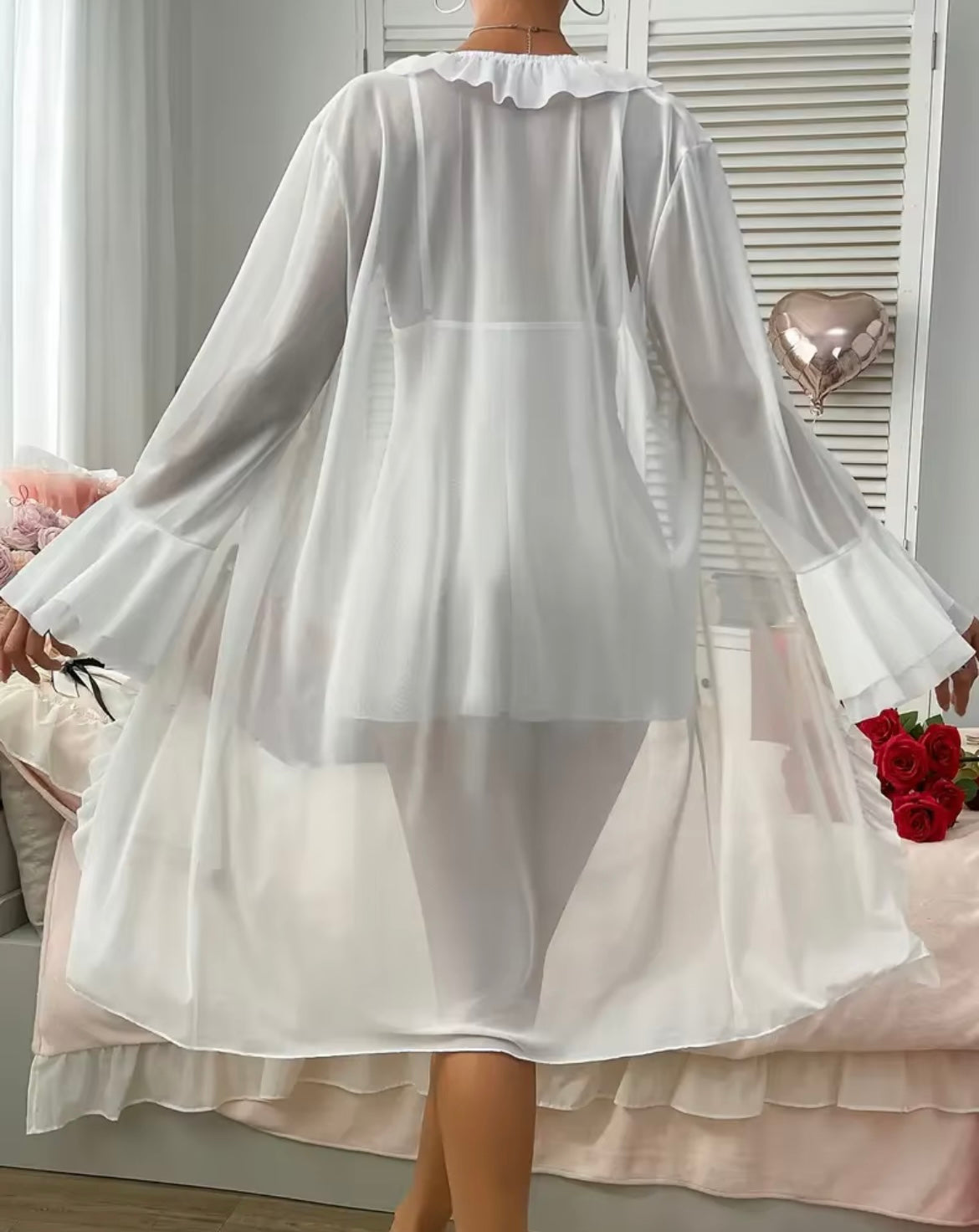 Bridal White Dress, Robe & Thong Set