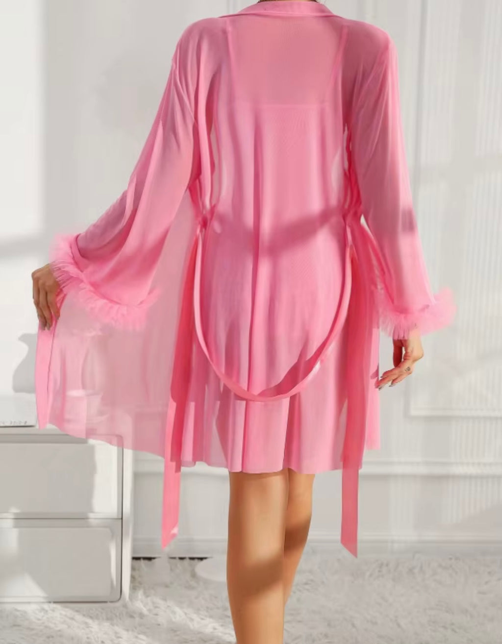 Pink Mesh Dress Robe & Thong Set