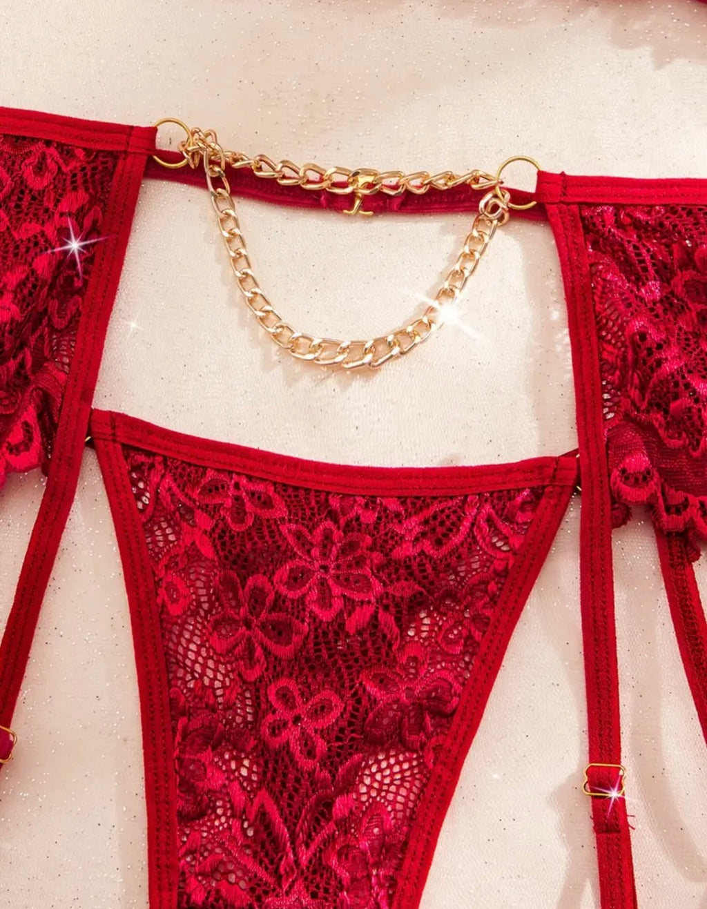 Red Lace Garter Set with Chain Detailing