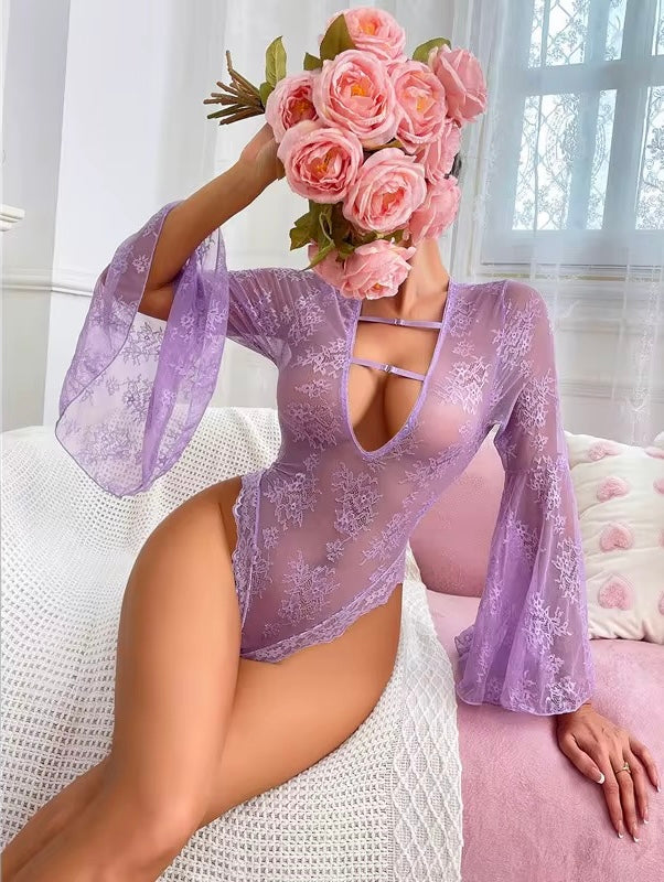 Transparent Purple Lace Bodysuit