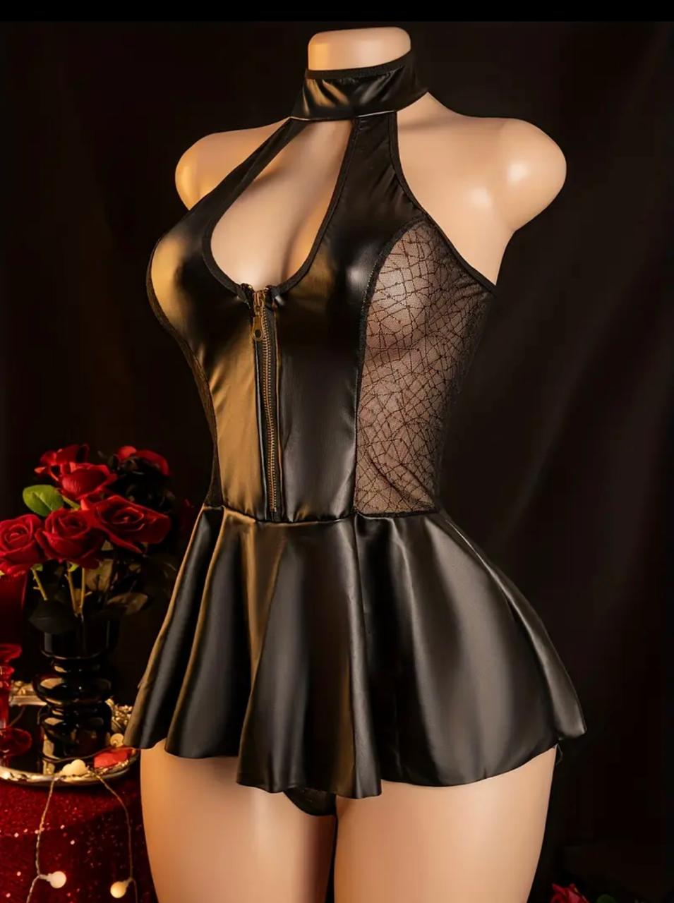 Faux Leather Mesh Dress with Self-Tie Back Lace
